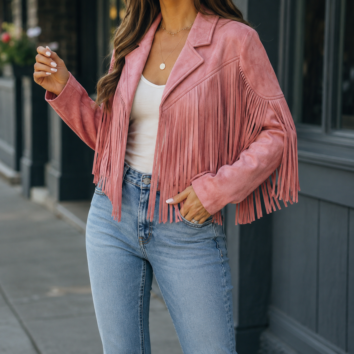 Pink cropped fringe jacket with an open front worn with jeans.