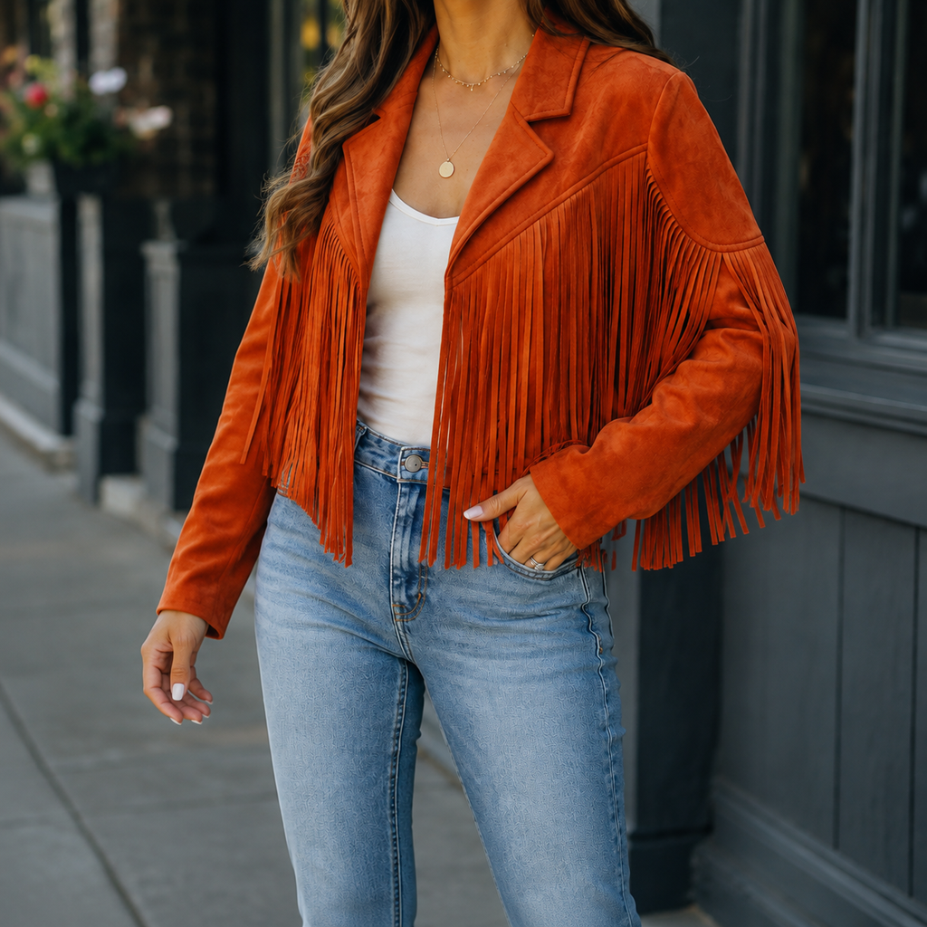Orange cropped fringe jacket with an open front worn with jeans.