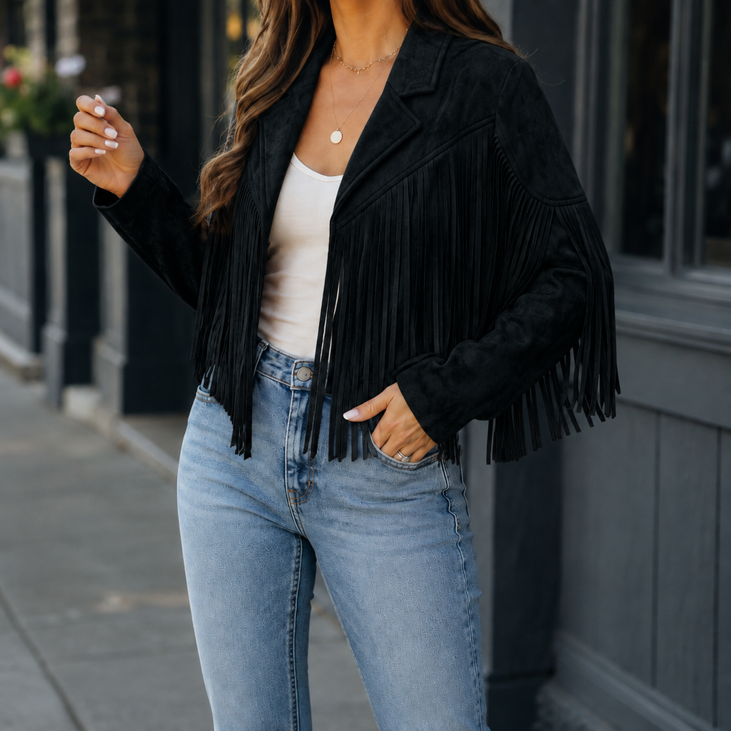 Black cropped fringe jacket with an open front worn with jeans.