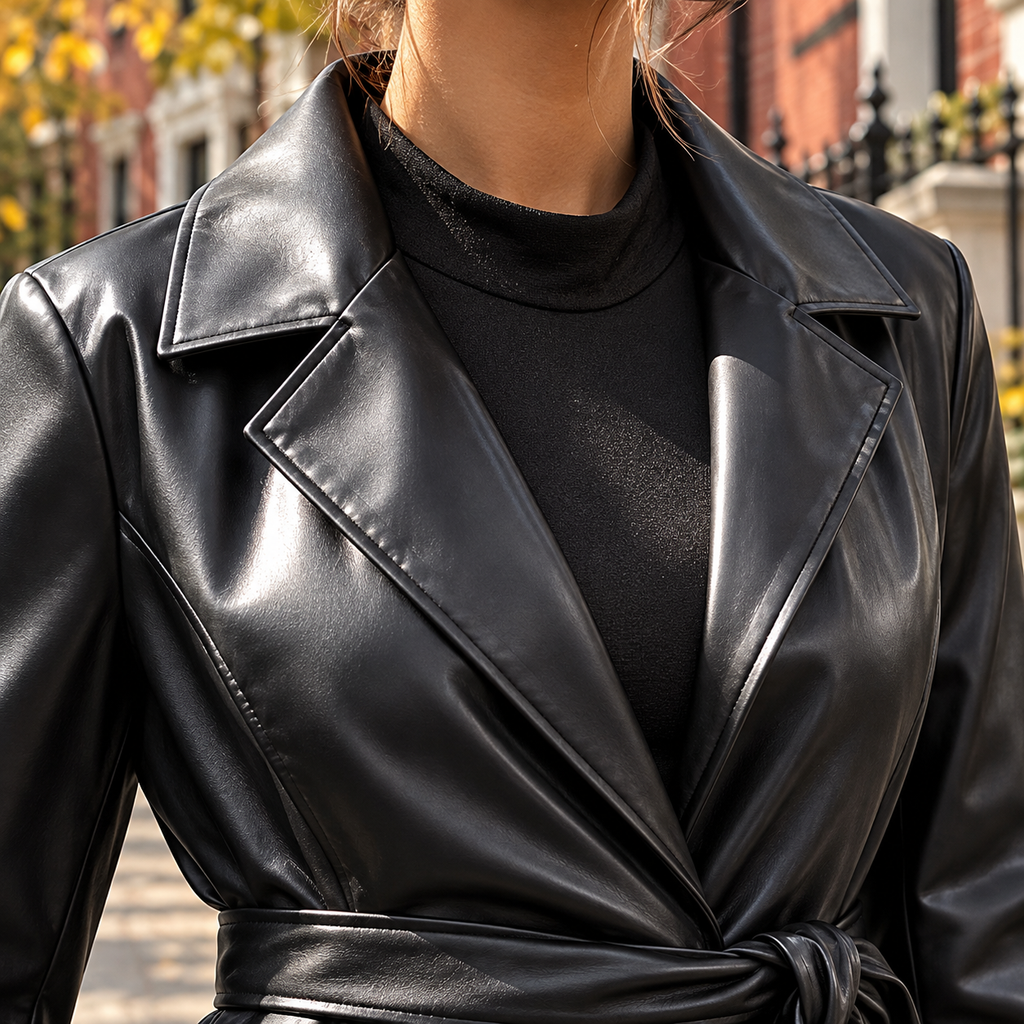 Close-up of the trench coat showing the collar and fabric texture.