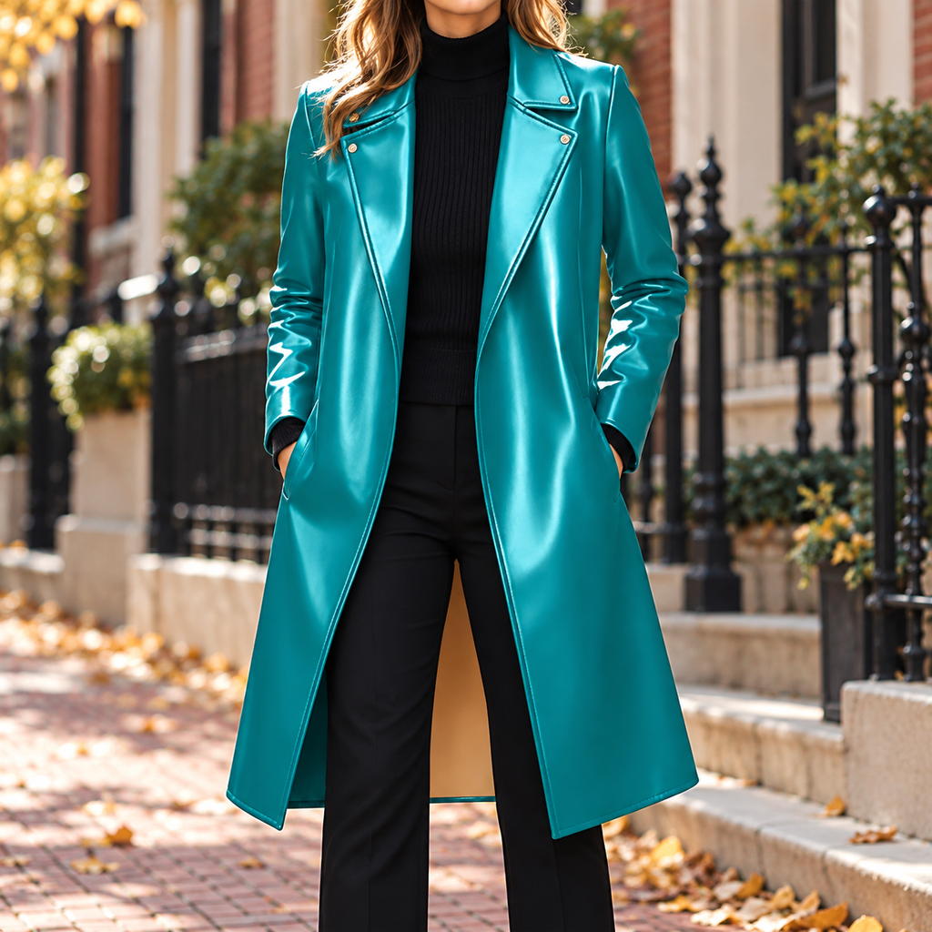 Teal trench coat worn on a Washington DC street.