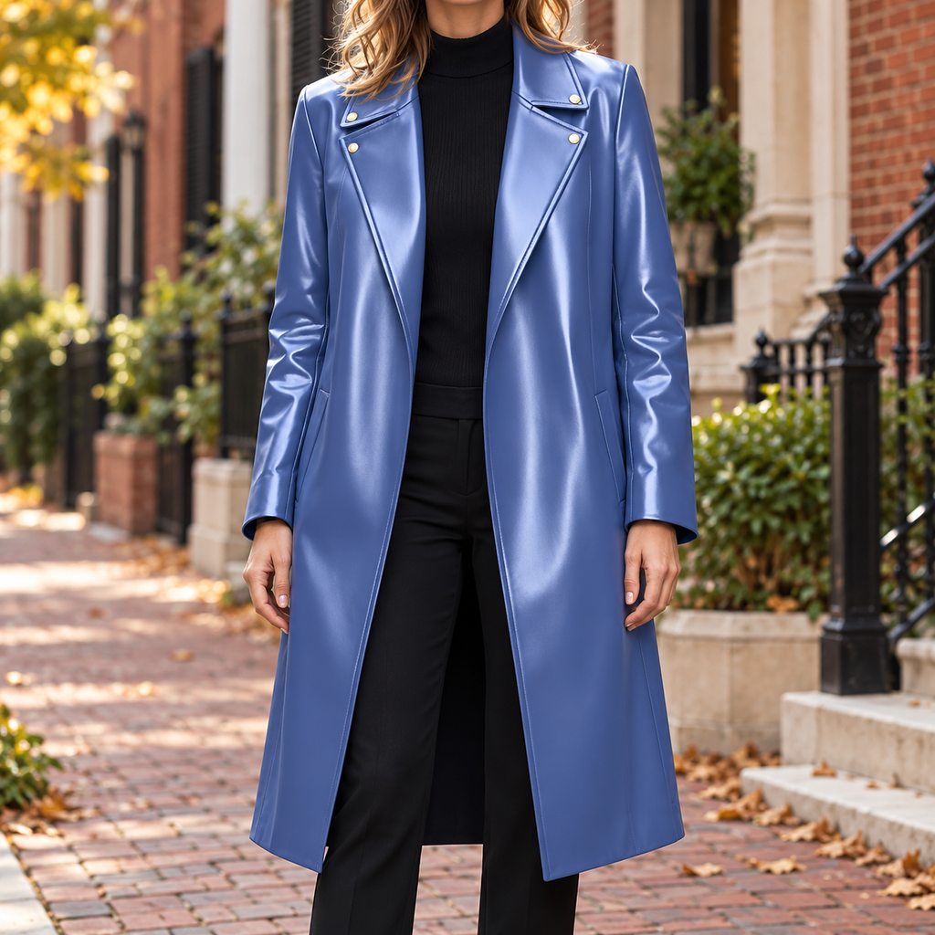 Blue trench coat worn on a Washington DC street.