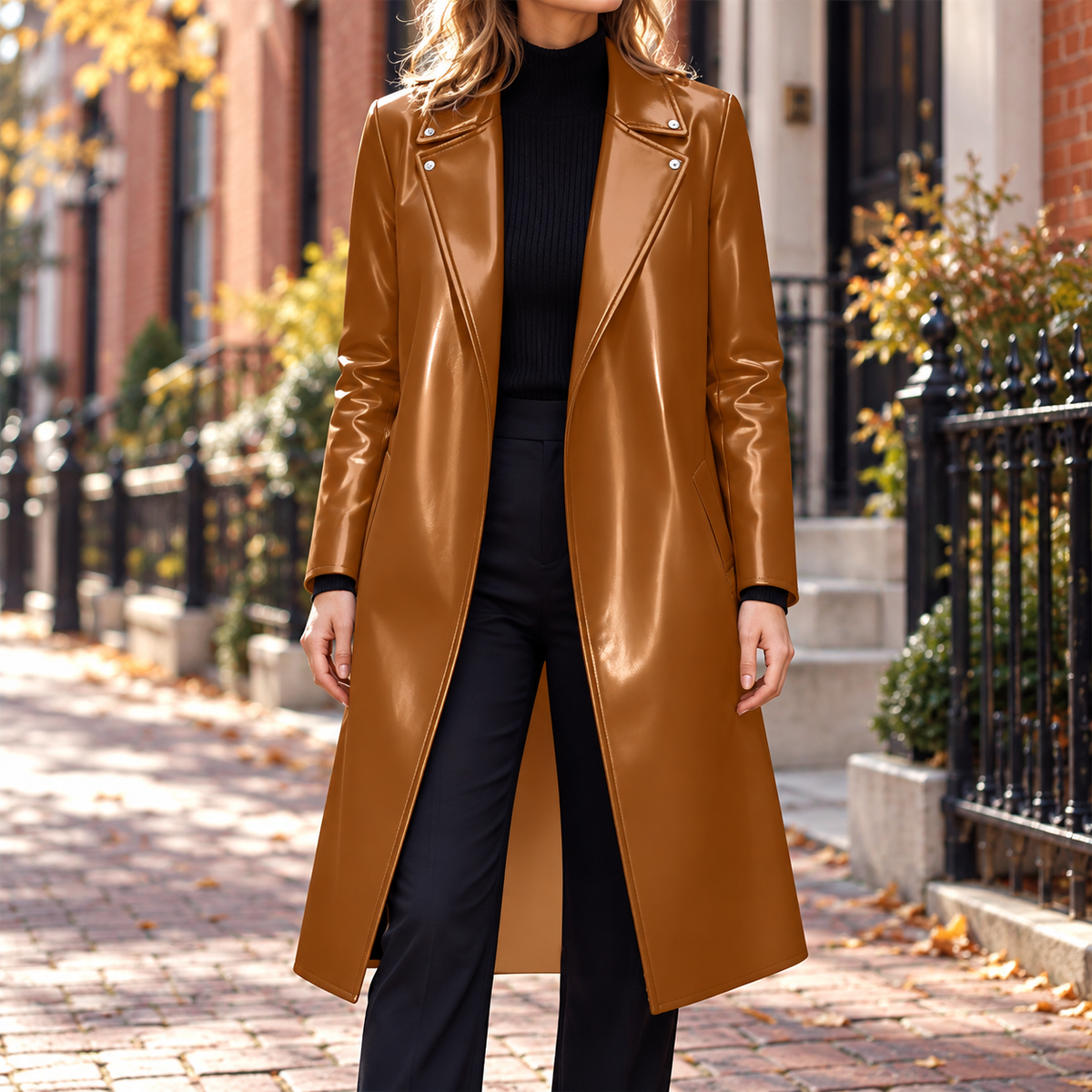 Brown trench coat worn on a Washington DC street.