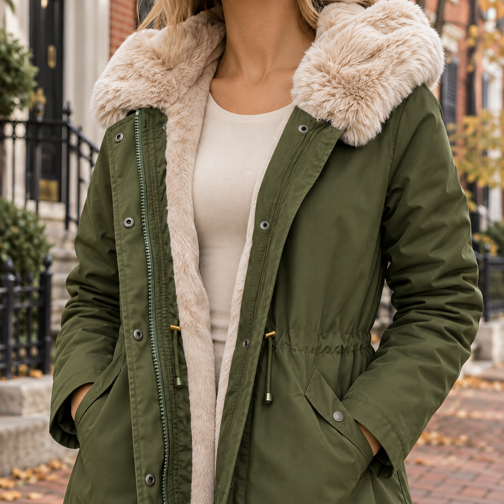 Close-up of the parka showing its hood lining and front fastening.