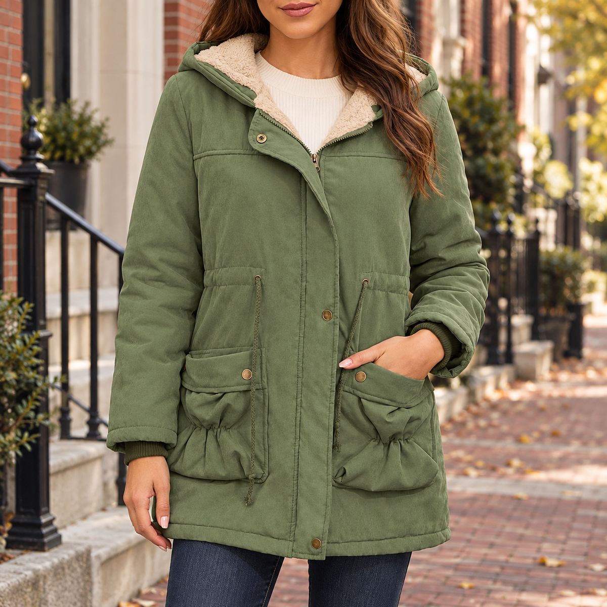 Green hooded coat worn on a Washington DC street.