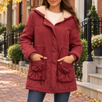 Burgundy hooded coat worn on a Washington DC street.