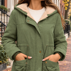 Close-up of the hooded coat showing its hood lining and front fastening.