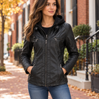 black variant of the womens jacket worn on a Washington DC street.