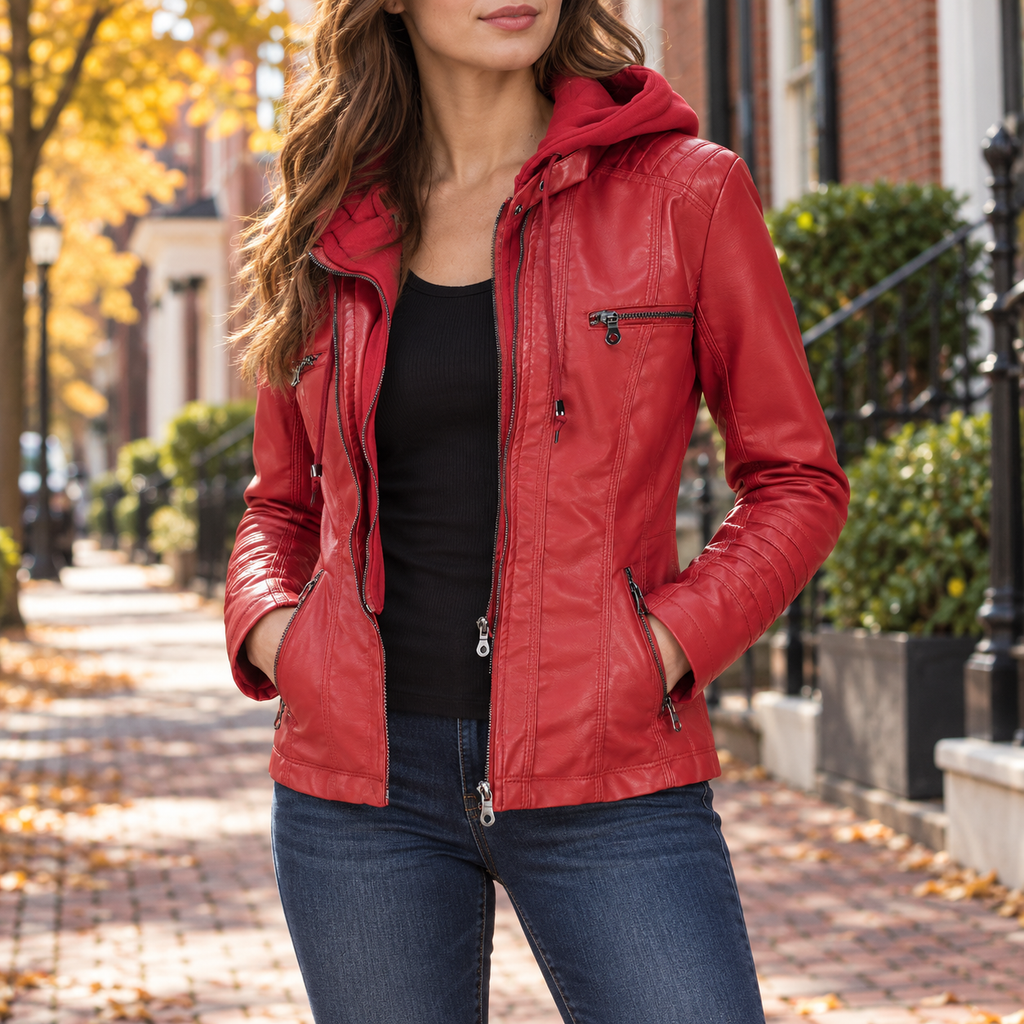 Red womens jacket worn on a Washington DC street.