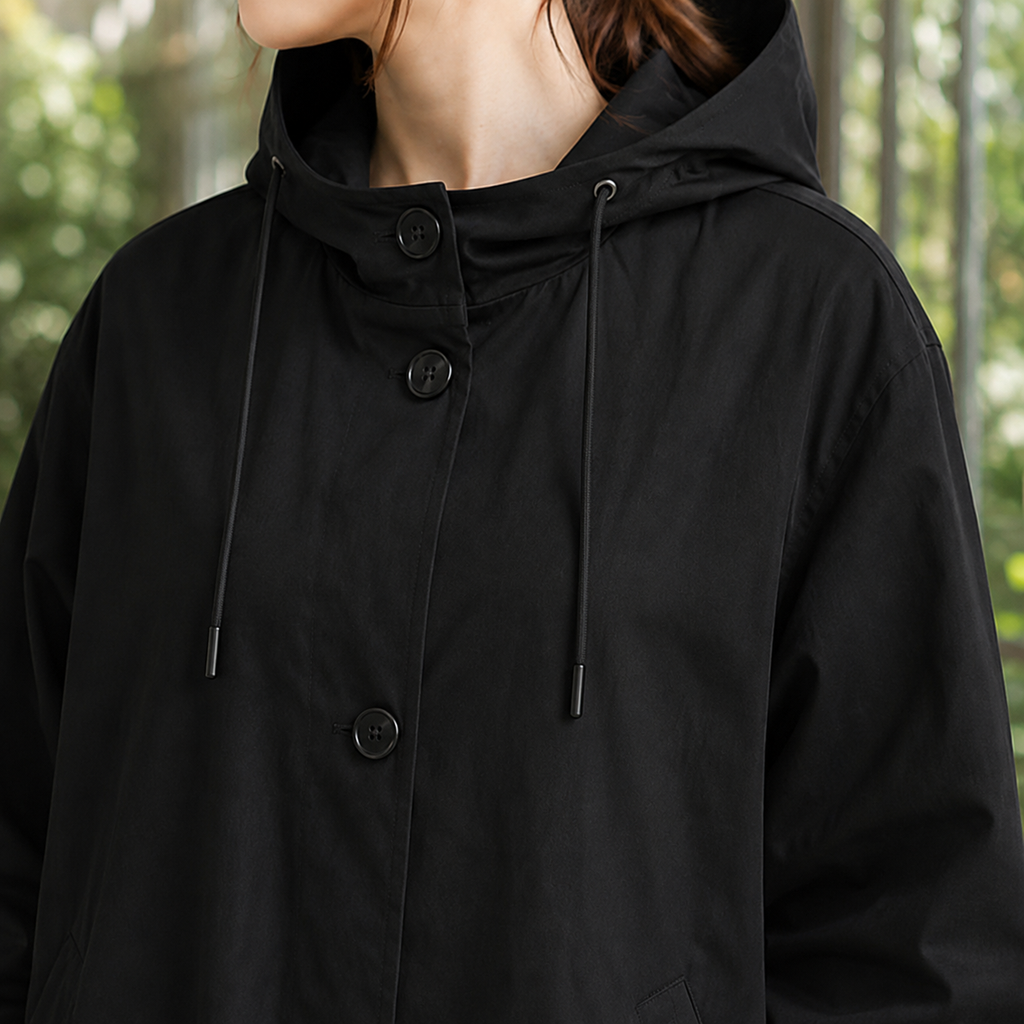 Close view of the black hooded overcoat showing the hood, buttons and drawcords.