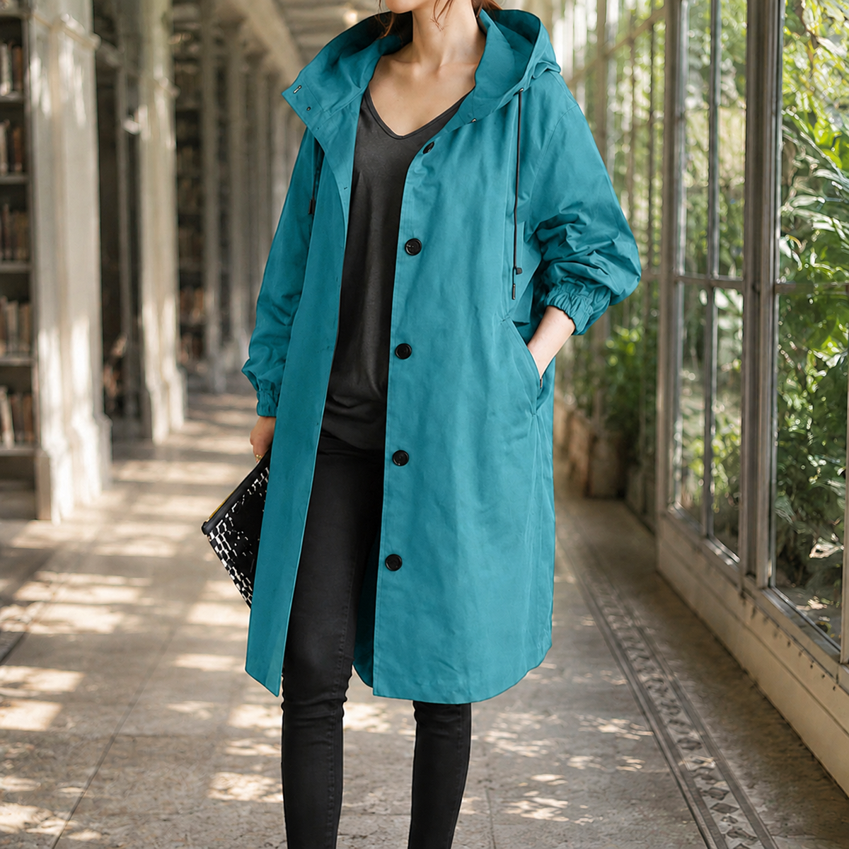 Blue hooded overcoat with a button front on a model.