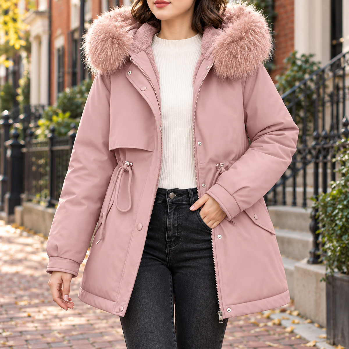 Pink parka worn on a Washington DC street.