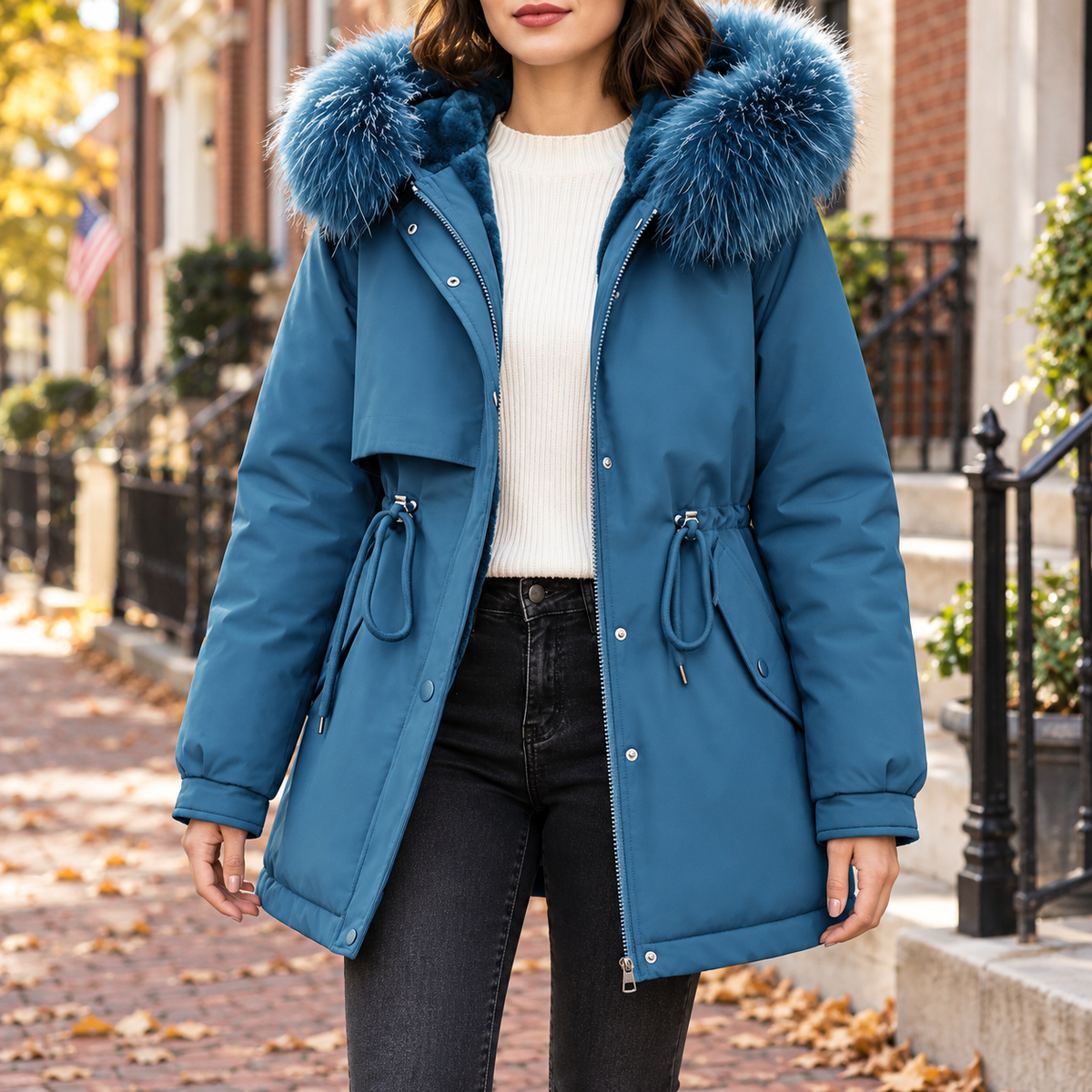 Blue parka worn on a Washington DC street.
