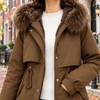 Close-up of the parka showing its hood lining and front fastening.