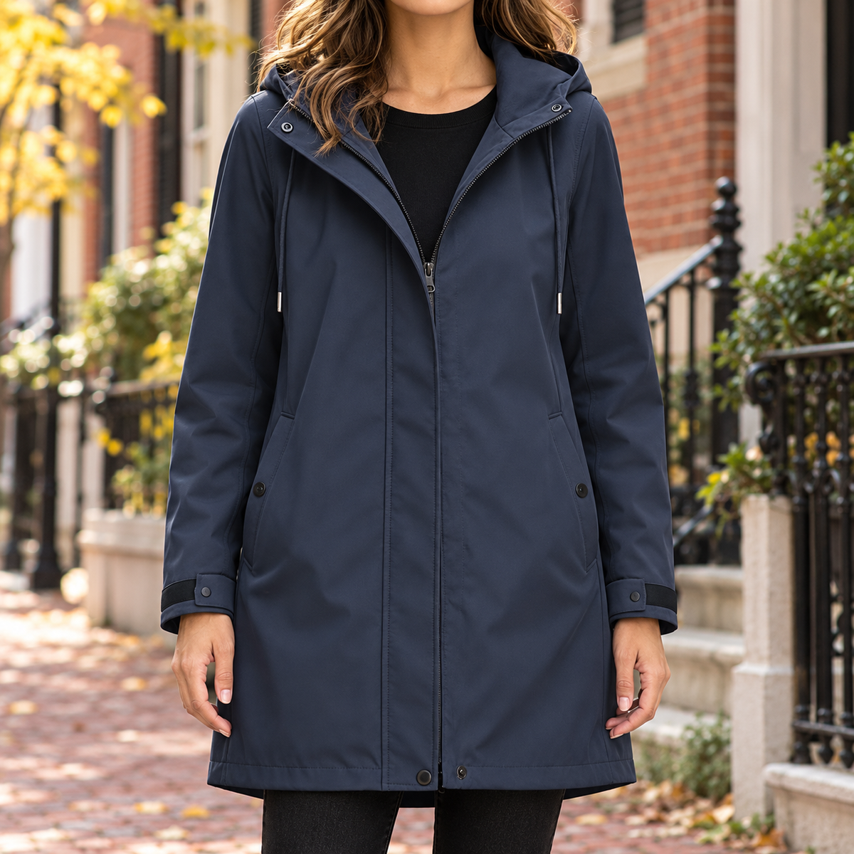 Navy trench coat worn on a Washington DC street.