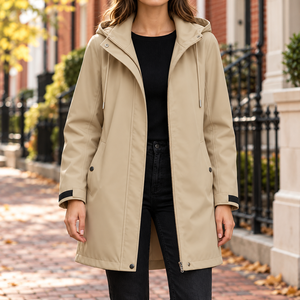 Beige trench coat worn on a Washington DC street.