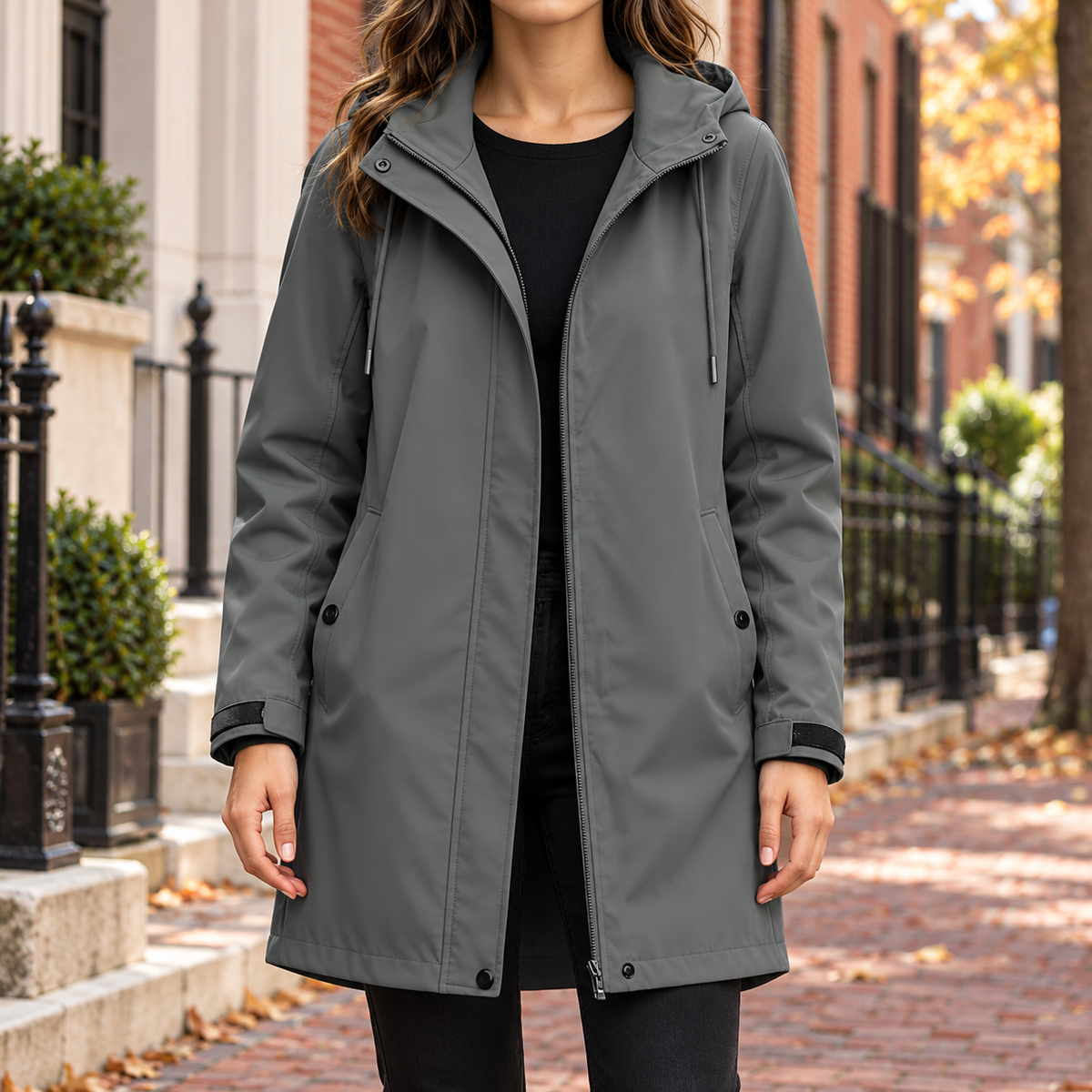 Gray trench coat worn on a Washington DC street.