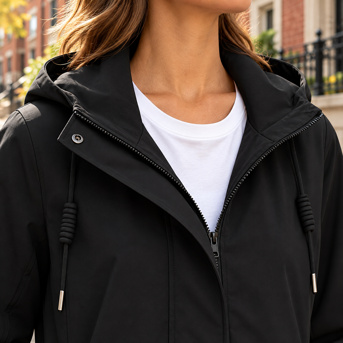Close-up of the trench coat showing the collar and fabric texture.