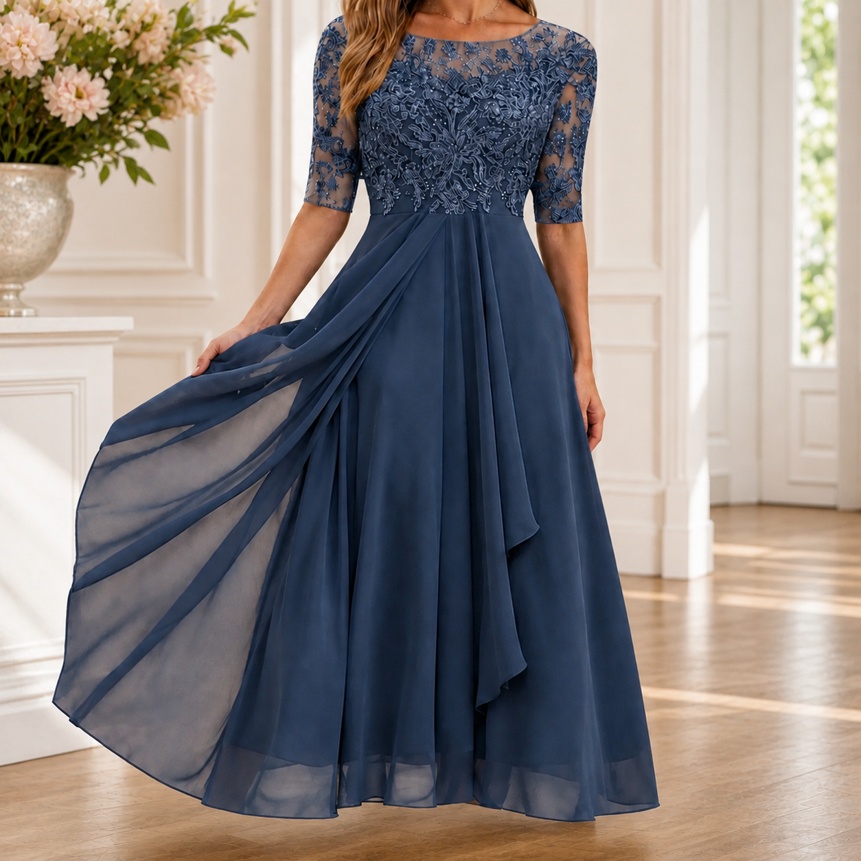 Blue lace midi dress with sheer sleeves and a flowing layered skirt.