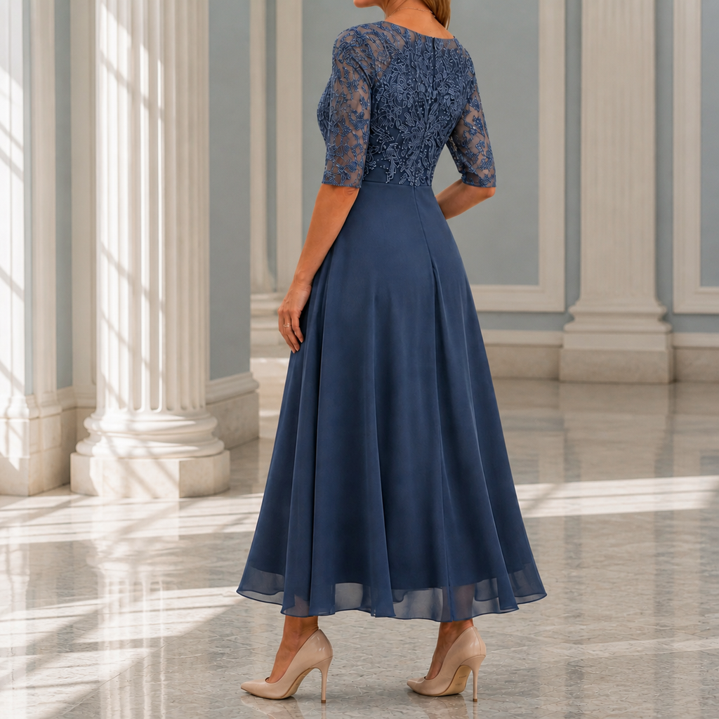 Back full-length view of blue midi dress