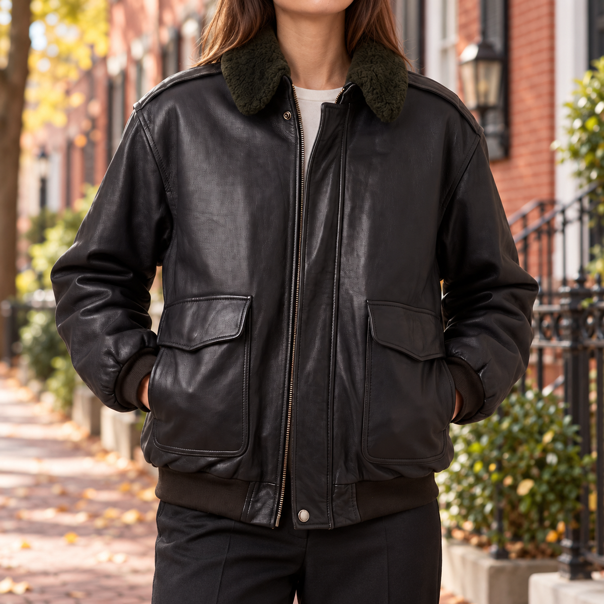 Black womens leather bomber jacket worn on a Georgetown street in Washington DC.