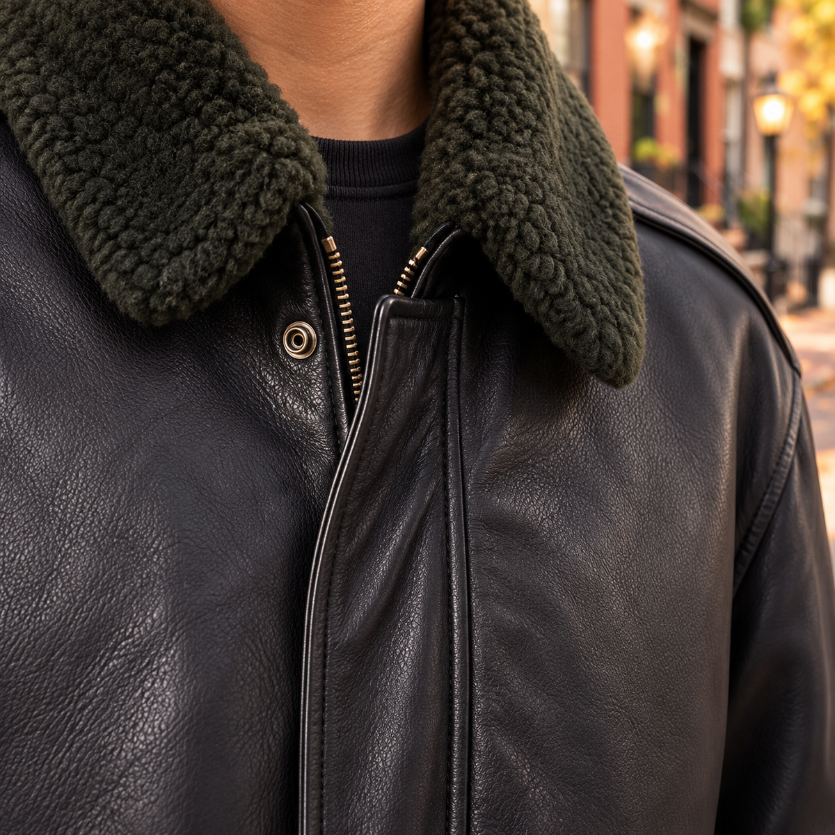 Close-up of womens leather bomber jacket showing the collar, fastening and material texture.