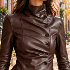 Close-up of the womens jacket collar, fabric and fastening.