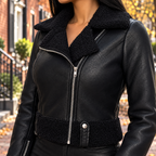 Close-up of the womens jacket collar, fabric and fastening.