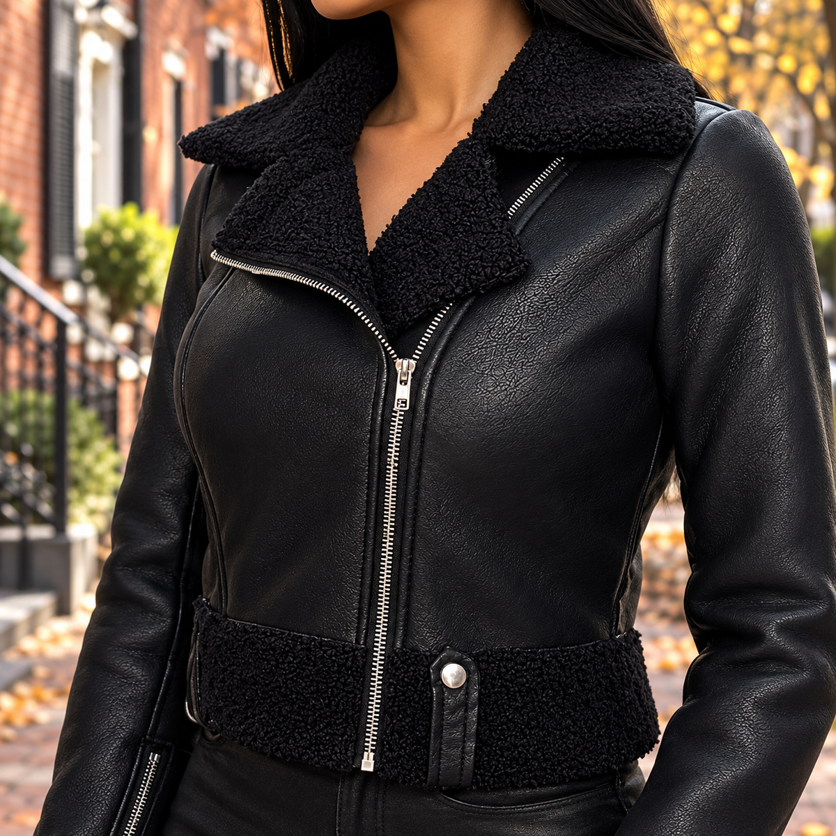 Close-up of the womens jacket collar, fabric and fastening.