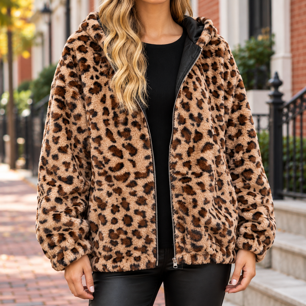 Tan brown leopard print faux fur jacket worn on a Washington DC street.