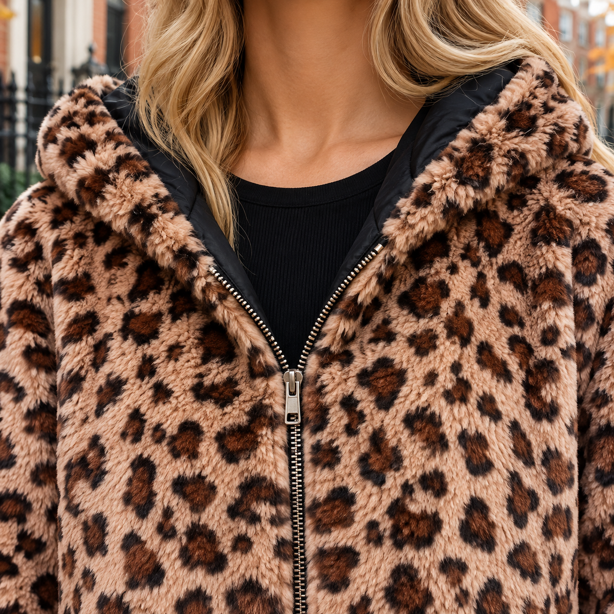 Close-up of the faux fur jacket showing the collar and fabric texture.
