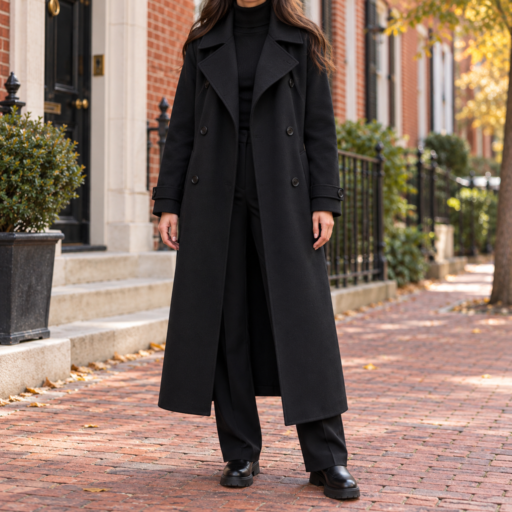 Black trench coat worn on a Washington DC street.