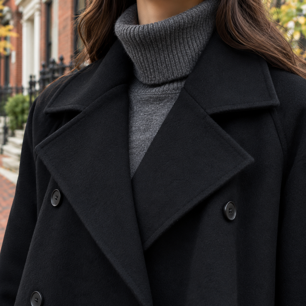 Close-up of the trench coat showing the collar and fabric texture.