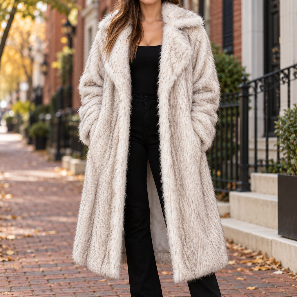Beige faux fur coat worn on a Washington DC street.