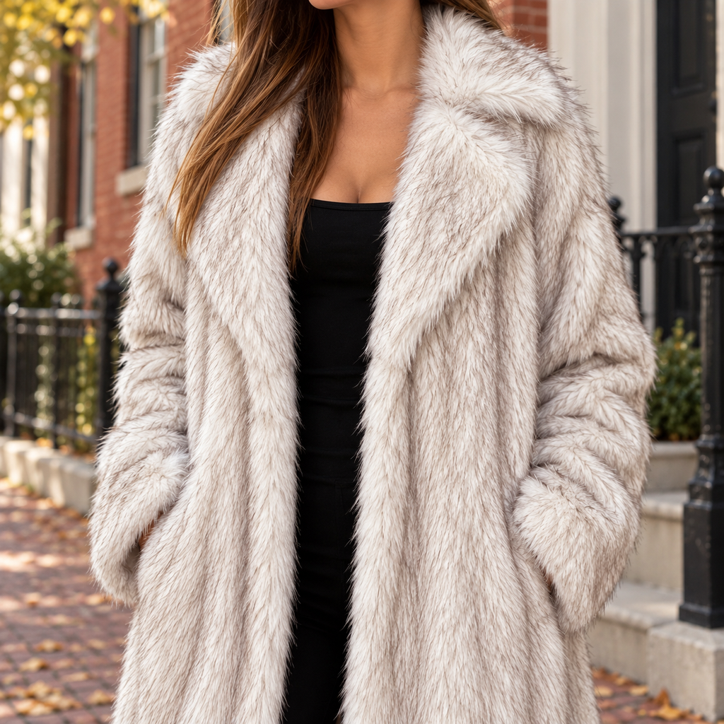 Close-up of the faux fur coat showing the collar and plush textile texture.