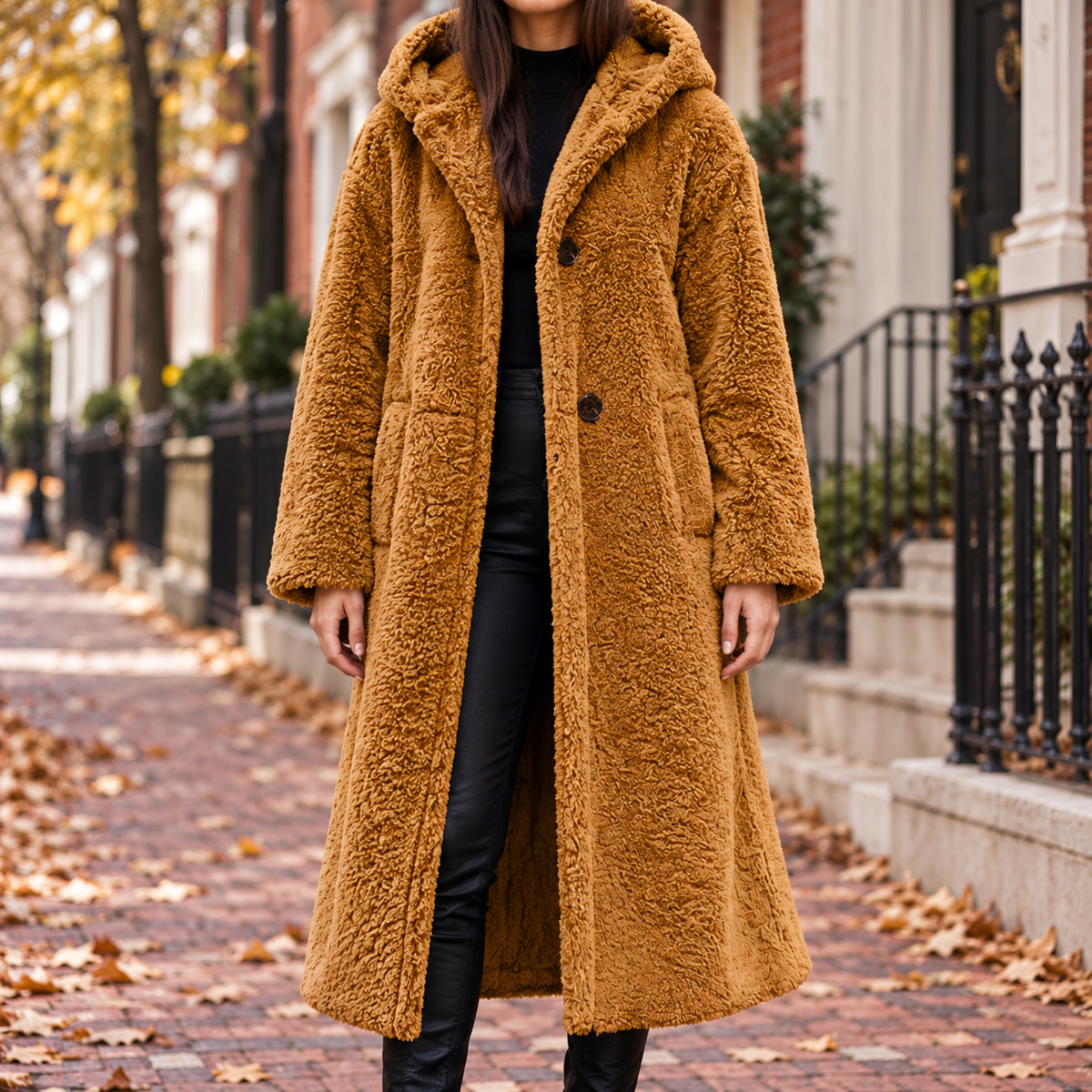 Caramel overcoats worn on a Washington DC street.