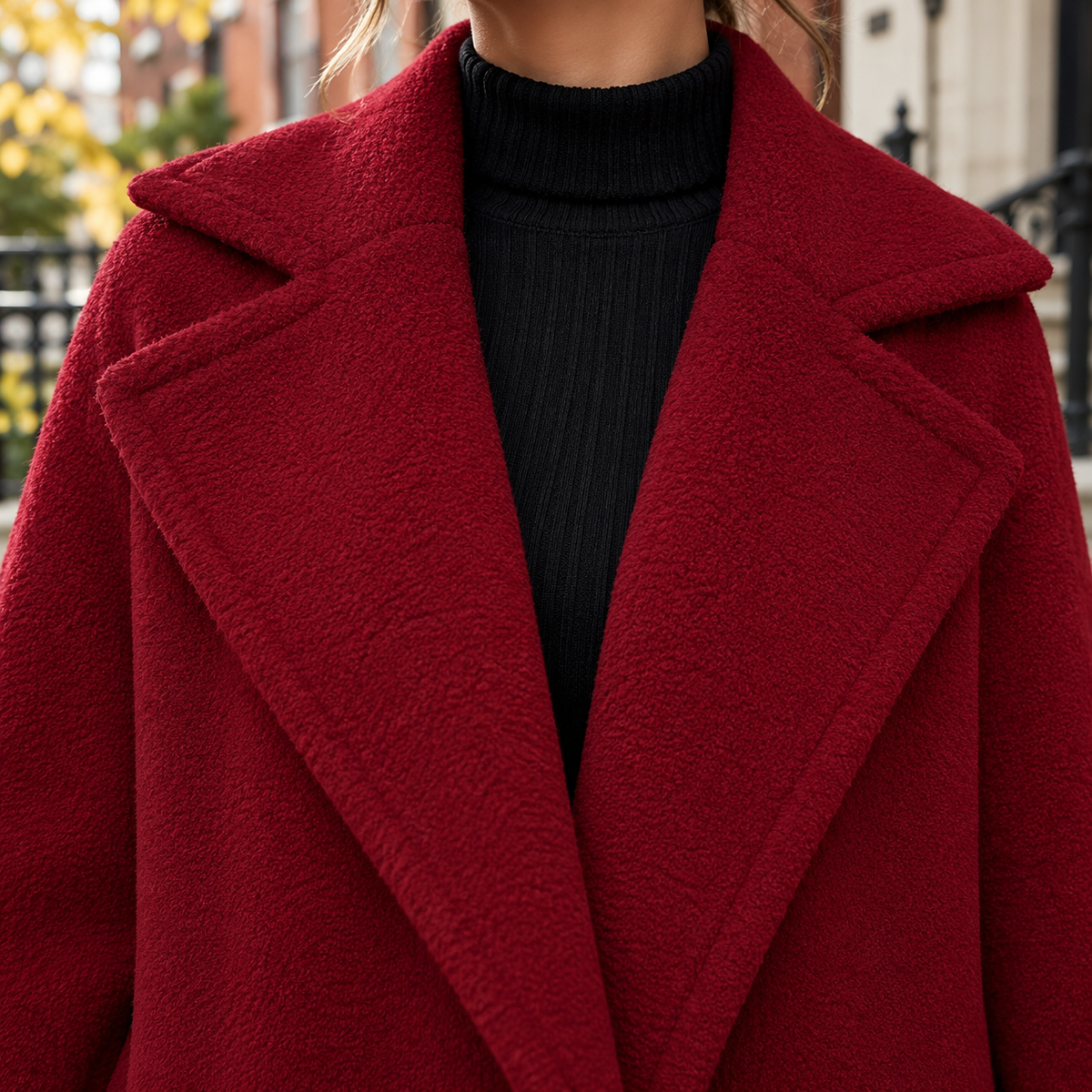 Close-up of the overcoats showing the collar and fabric texture.
