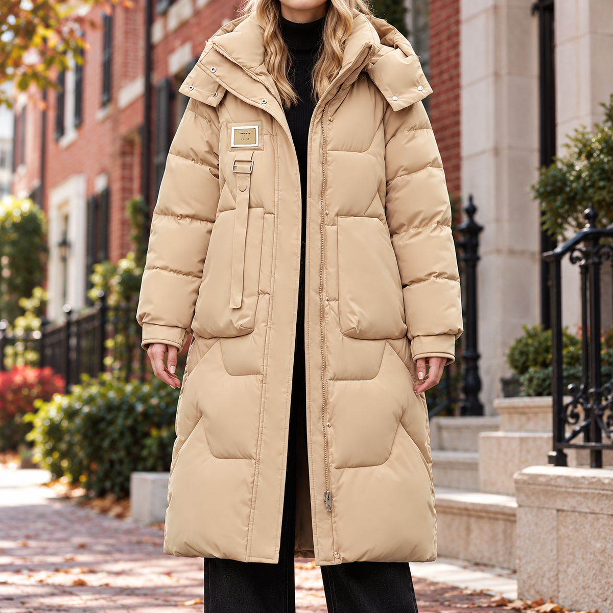 Beige puffer jacket worn on a Washington DC street.