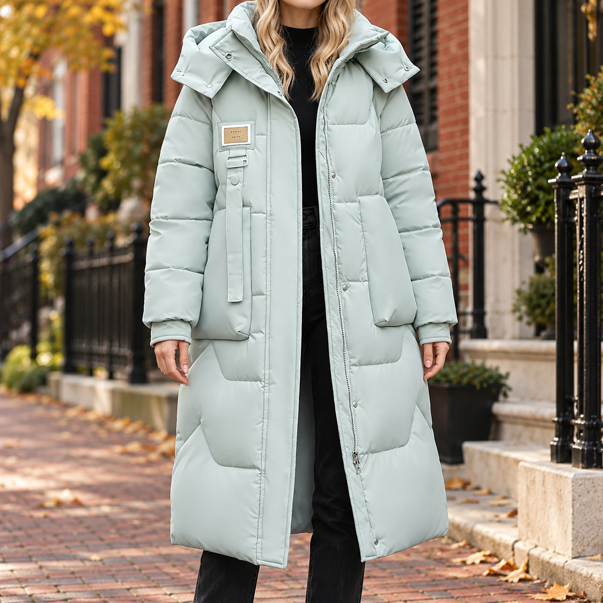 Green puffer jacket worn on a Washington DC street.