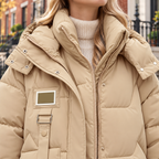 Close-up of the puffer jacket showing the collar and fabric texture.