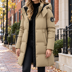 Beige puffer jacket worn on a Washington DC street.
