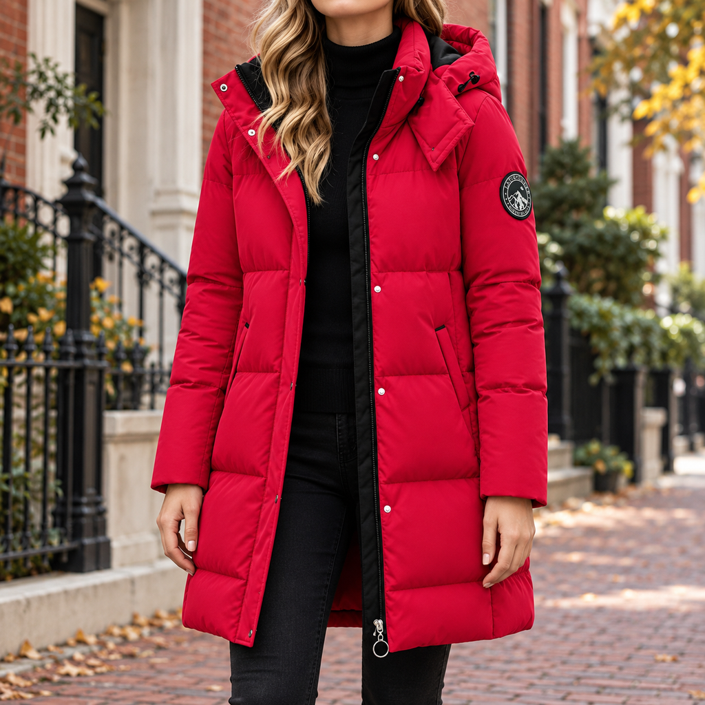 Red puffer jacket worn on a Washington DC street.
