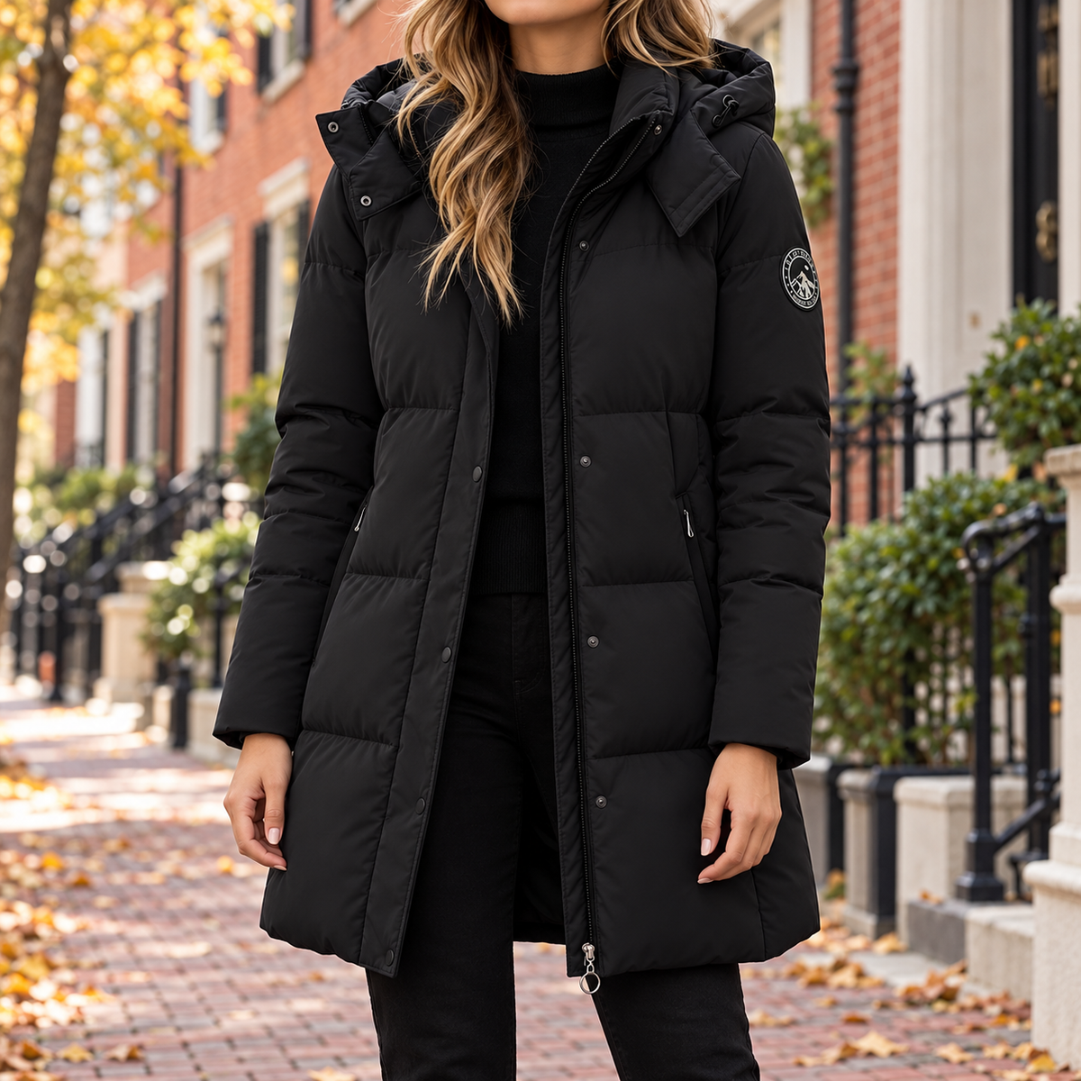 Black puffer jacket worn on a Washington DC street.
