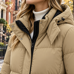 Close-up of the puffer jacket showing the collar and fabric texture.