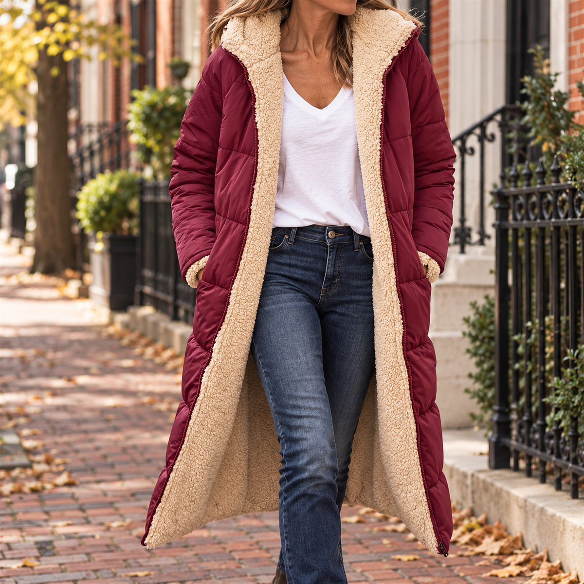 Burgundy quilted coat with cream fleece lining worn on a Washington DC street.