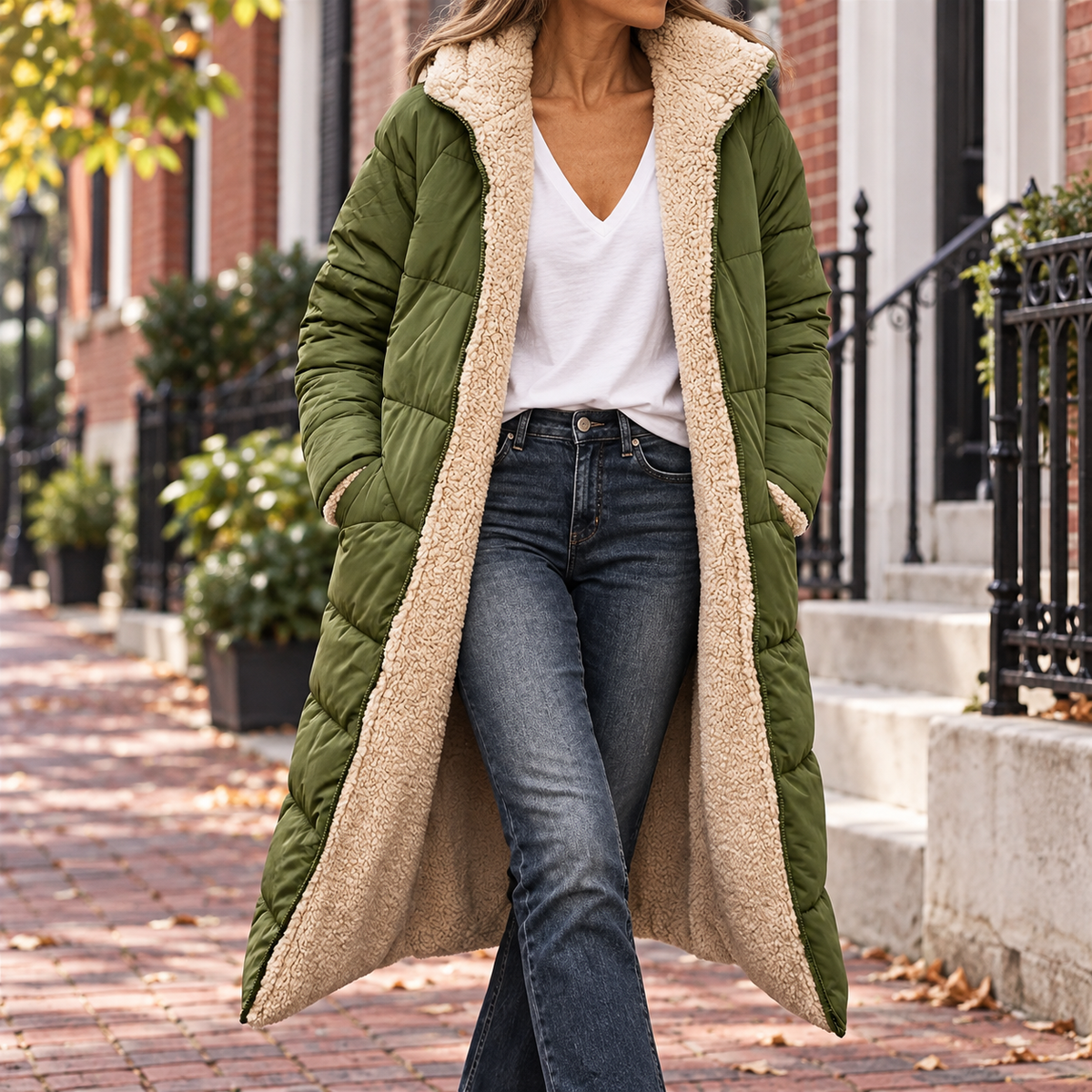 Green quilted coat with cream fleece lining worn on a Washington DC street.