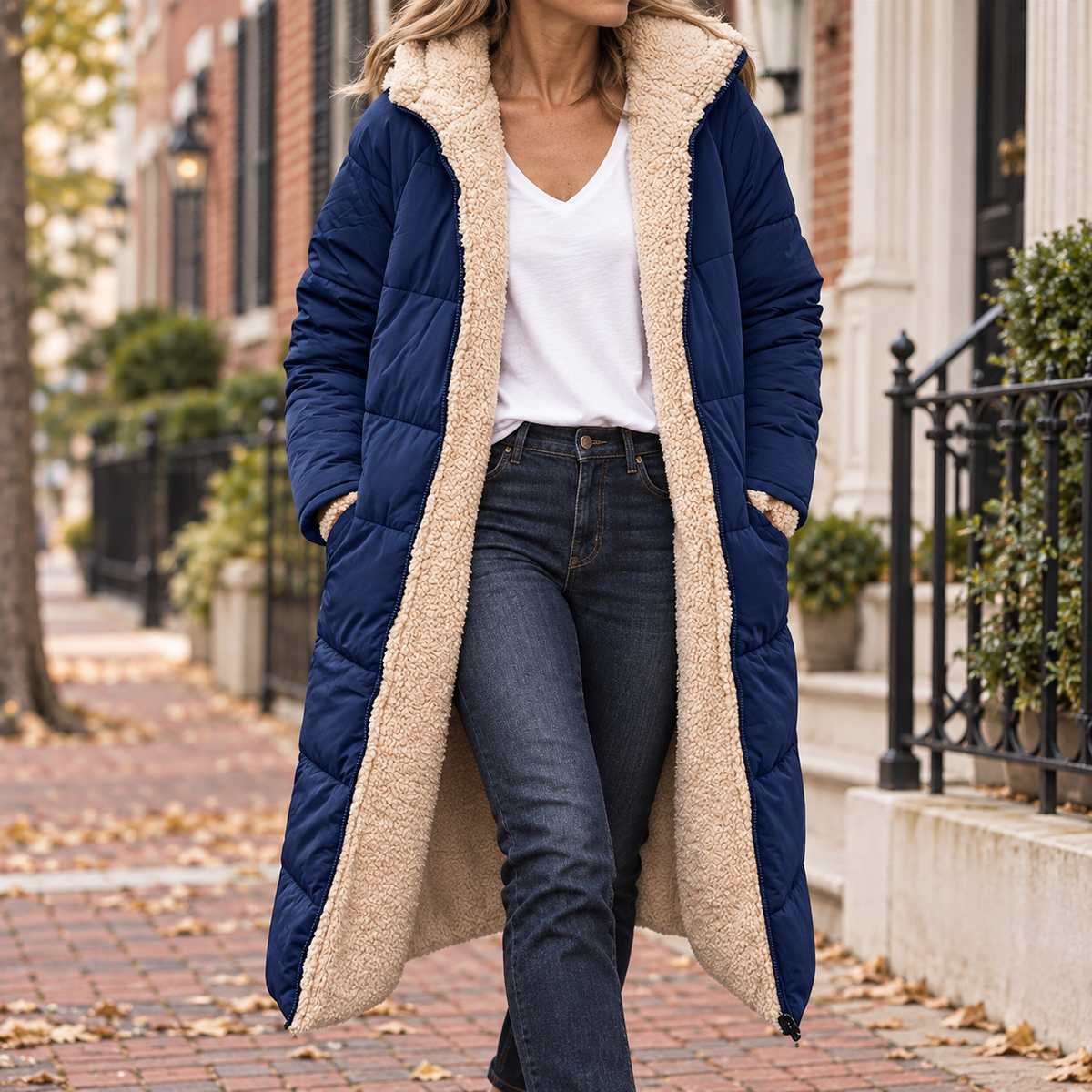 Blue quilted coat with cream fleece lining worn on a Washington DC street.