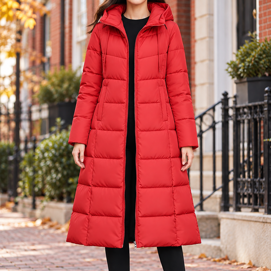 Red puffer jackets worn on a Washington DC street.