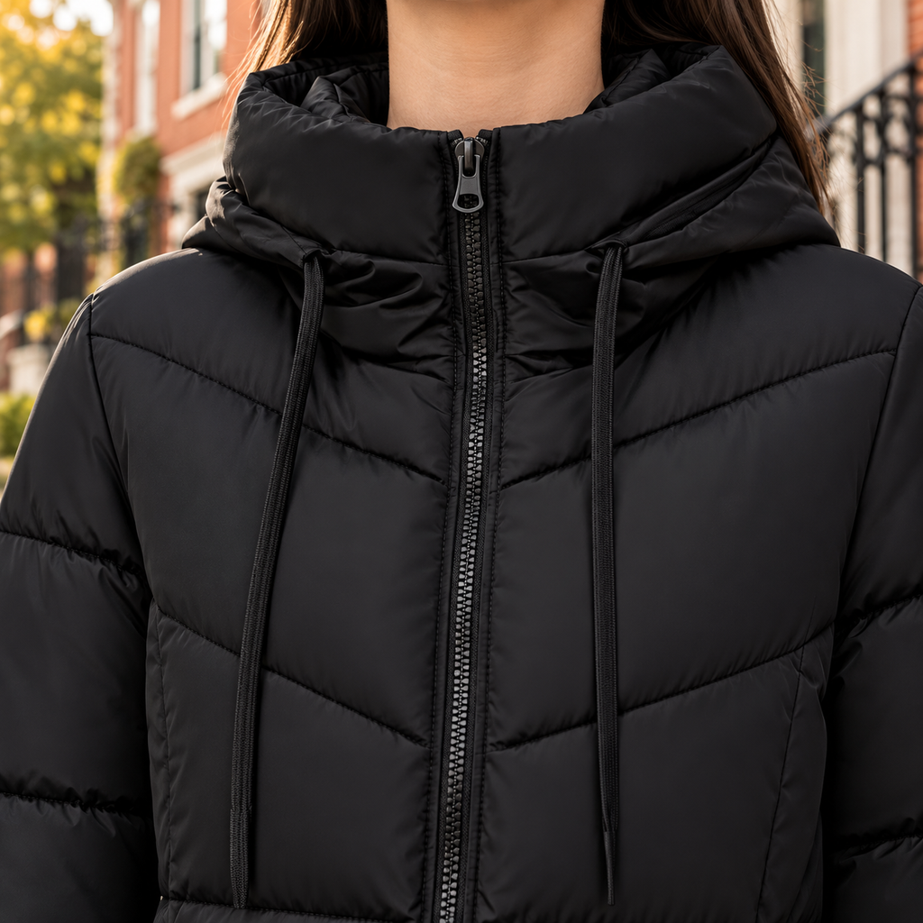 Close-up of the puffer jackets showing the collar and fabric texture.