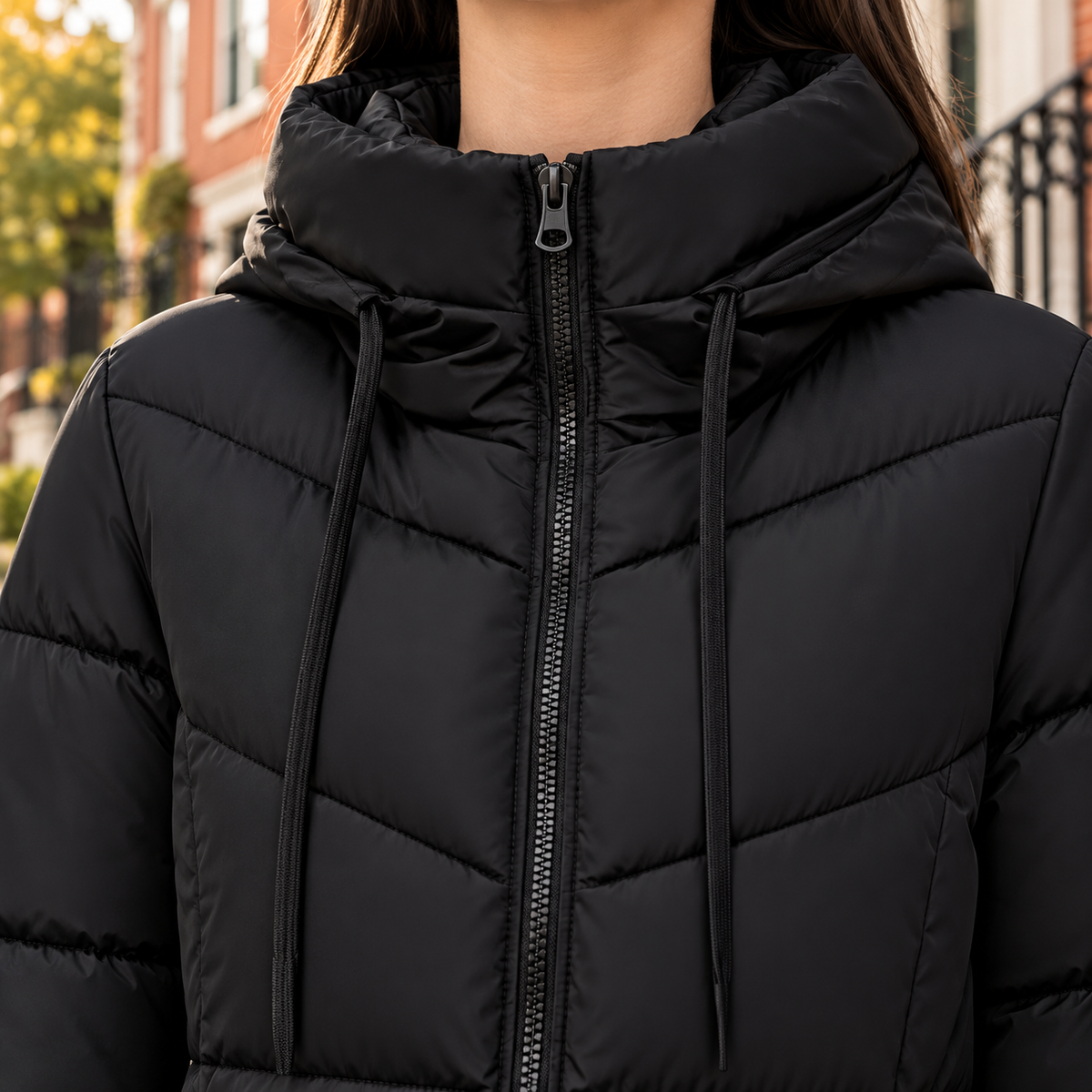 Close-up of the puffer jackets showing the collar and fabric texture.